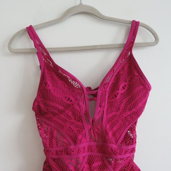 BECCA Purple Color Play Crochet Plunge One-Piece Swimsuit Magenta - Size XS - Picture 3 of 13